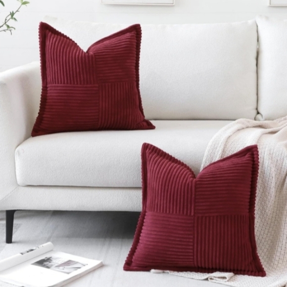 Cranberry Red Striped Corduroy Velvet Pillow Covers Set Square Throw Pillows New - Picture 4 of 9